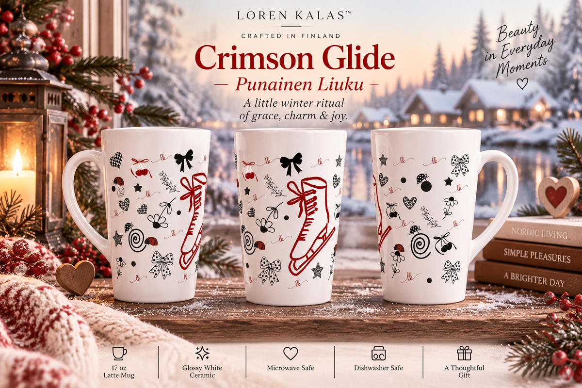 Crimson Glide — Punainen Liuku Latte 17oz Ceramic Mug Loren Kalas